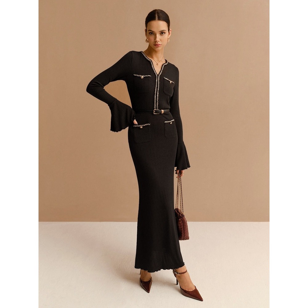 COMMENSE Black Contrast Trim Ribbed Knit Maxi Dress Bell Sleeve Size XS NWT
